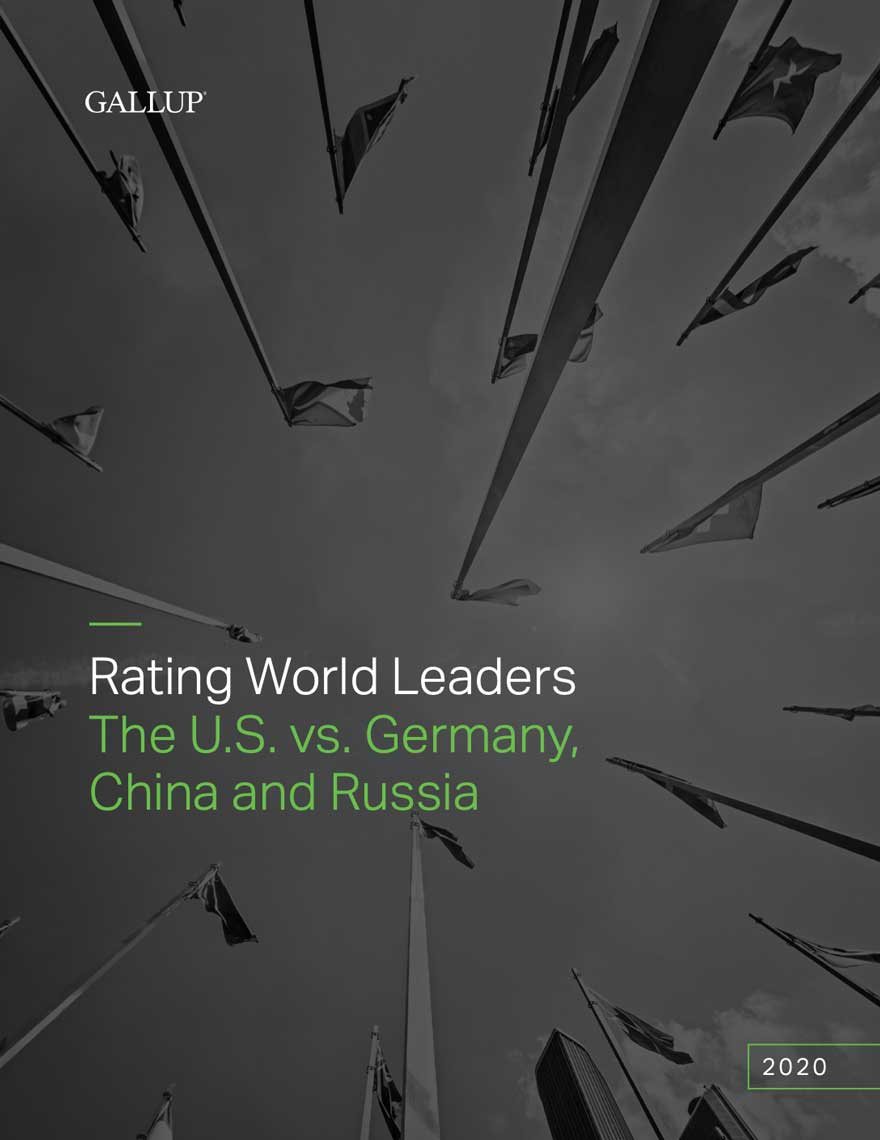 Various flags from various countries are on a black and white image background. The image is shot from the ground so that some flags appear upside down. Read the Rating World Leaders: The U.S. vs. Germany China, and Russia report from 2020 today.