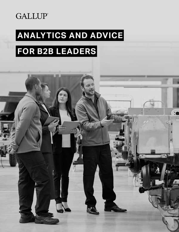 Report cover for Analytics and Advice for B2B Leaders featuring four business people discussing technical products.