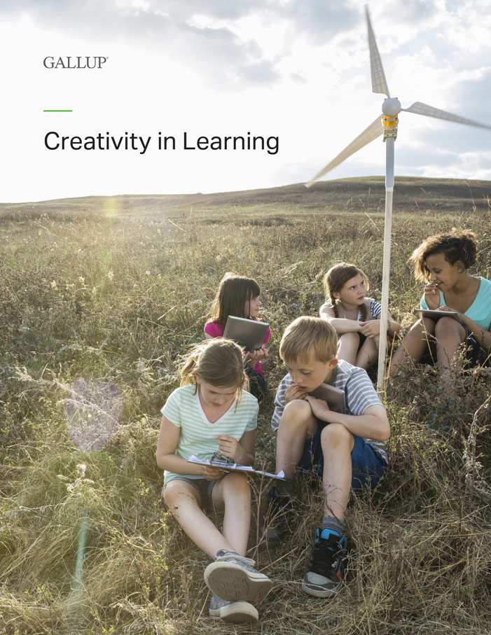 Report cover for Creativity in Learning featuring five children in a sun-drenched field studying a wind turbine.