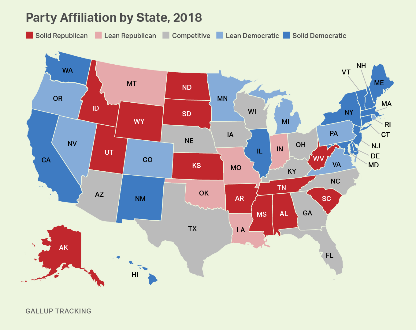 Map, color-coded. The political party affiliations of the population of each U.S. state for 2018.