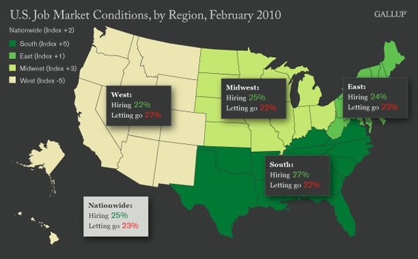 U.S. Job Market Conditions, by Region (Map), February 2010