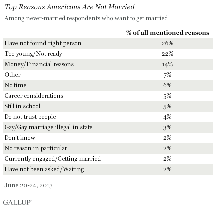 Top Reasons Americans Are Not Married, June 2013