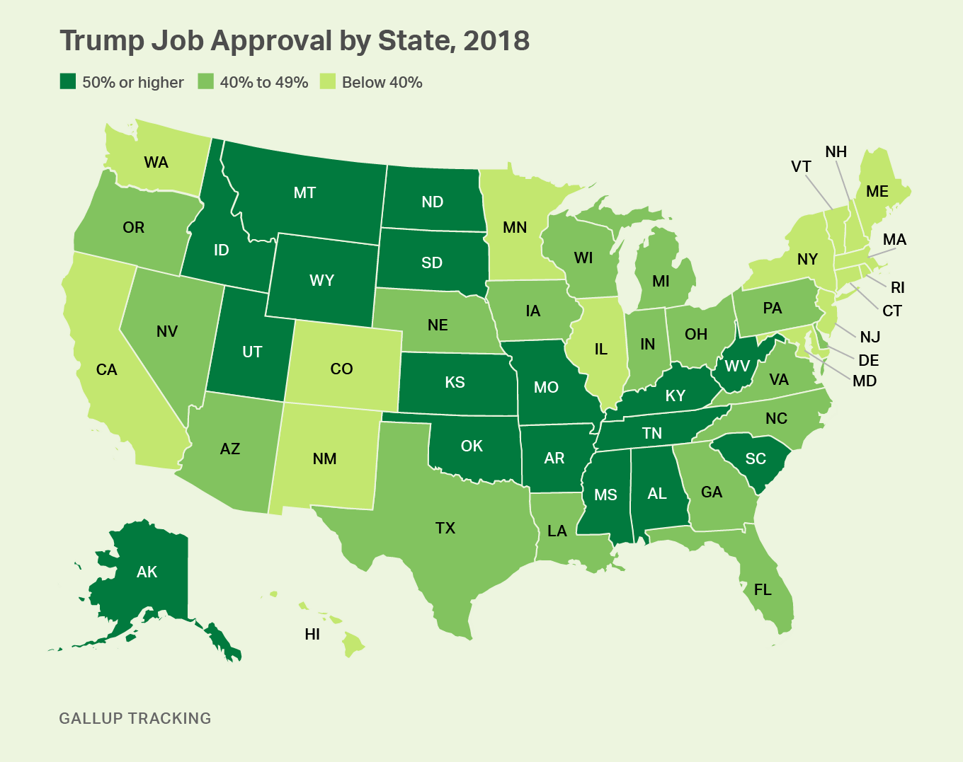 Map. President Trump Job Approval by State, 2018. Divided into 50%+ approval, 40%-49% approval, less than 40% approval.