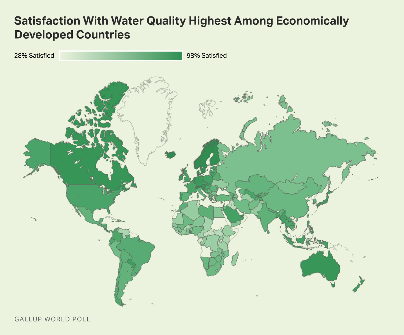 Alt text: Heat map showing the range in satisfaction with water quality by country worldwide.