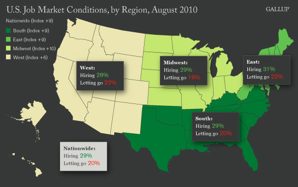 U.S. Job Market Conditions by Region (Map) and Nationally, August 2010