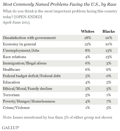 Most Commonly Named Problems Facing the U.S., by Race