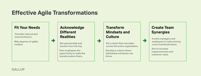 Graphic listing the 4 steps for an agile transformation as listed in the text.