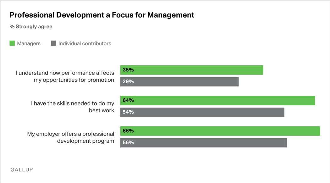 Bar Graph: More managers than individual contributors agree that they understand how performance affects their opportunities for promotion, that they have the skills needed to do their best work, and that their employer offers a professional development program. 