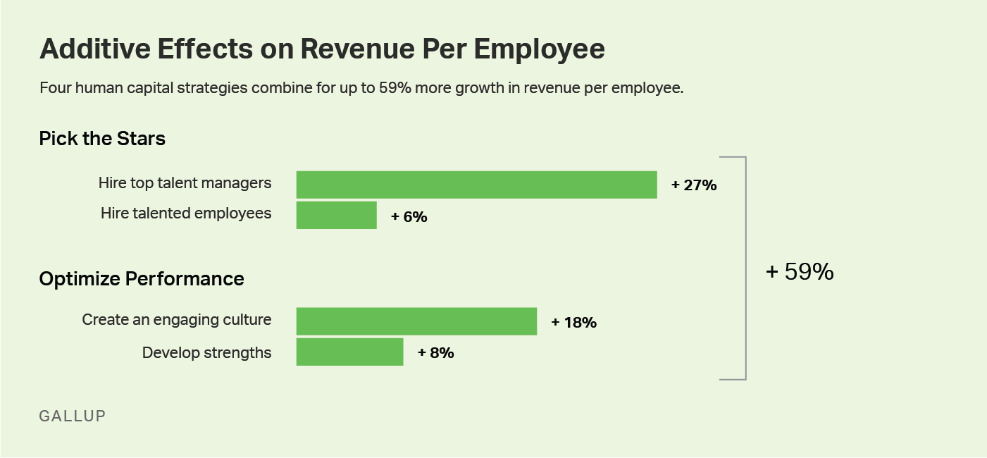 Use four human capital strategies that combine for up to 59% more growth in revenue per employee.