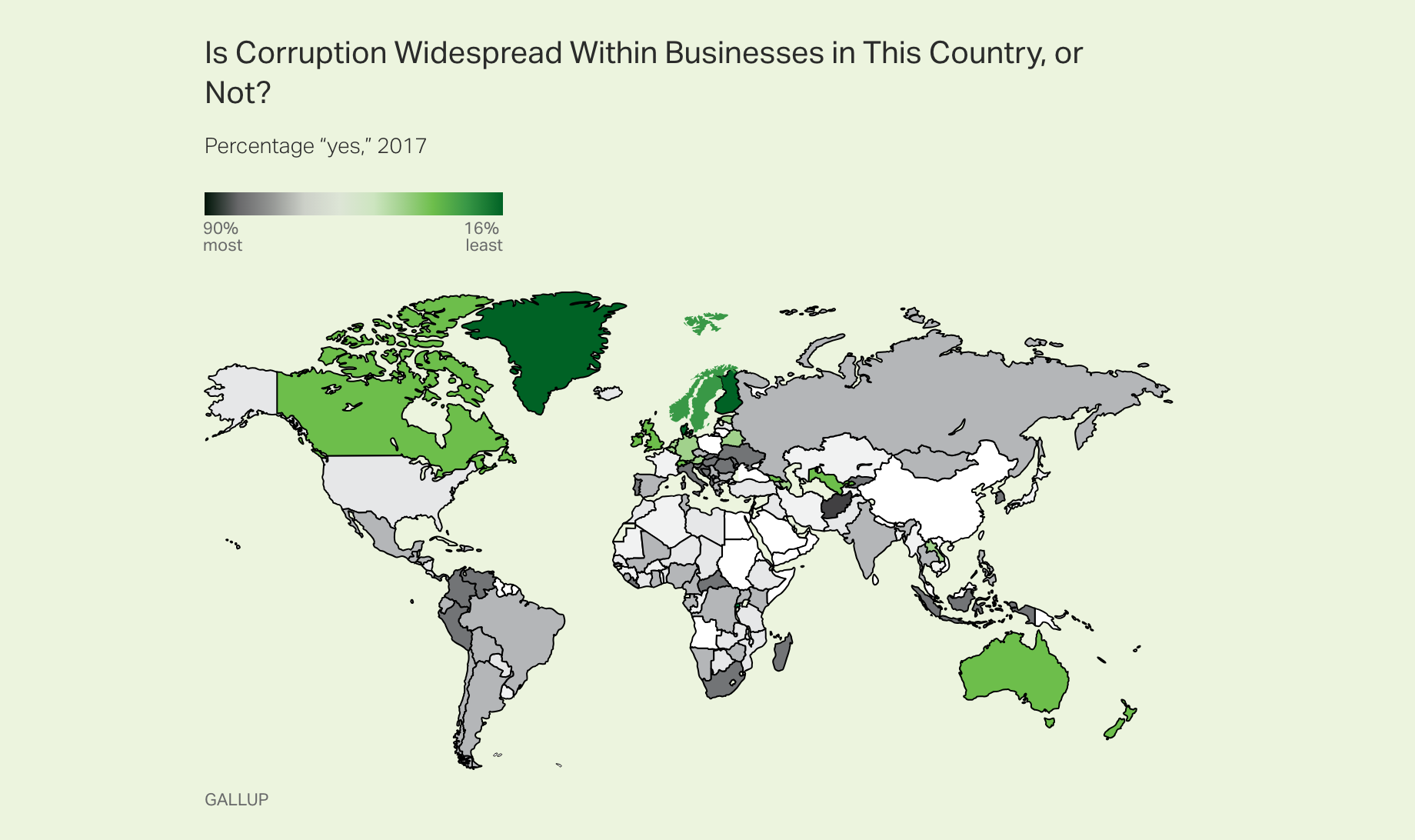 World map: Is corruption widespread within businesses in this country or not?