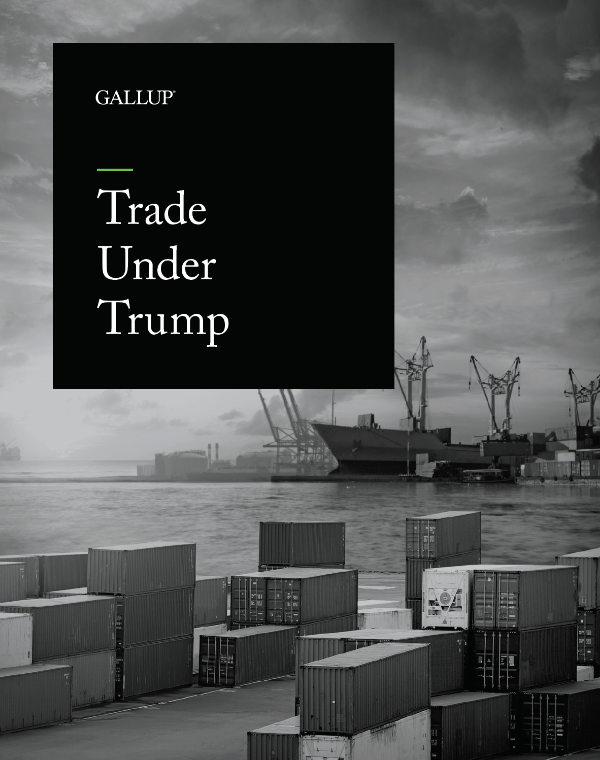 The cover of the Gallup briefing Trade Under Trump features a coastal scene with an overcast sky, ships and crates of cargo on the dock. 