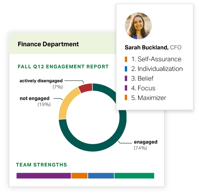 A CFO’s Top 5 strengths alongside charts of her team’s engagement and strengths.