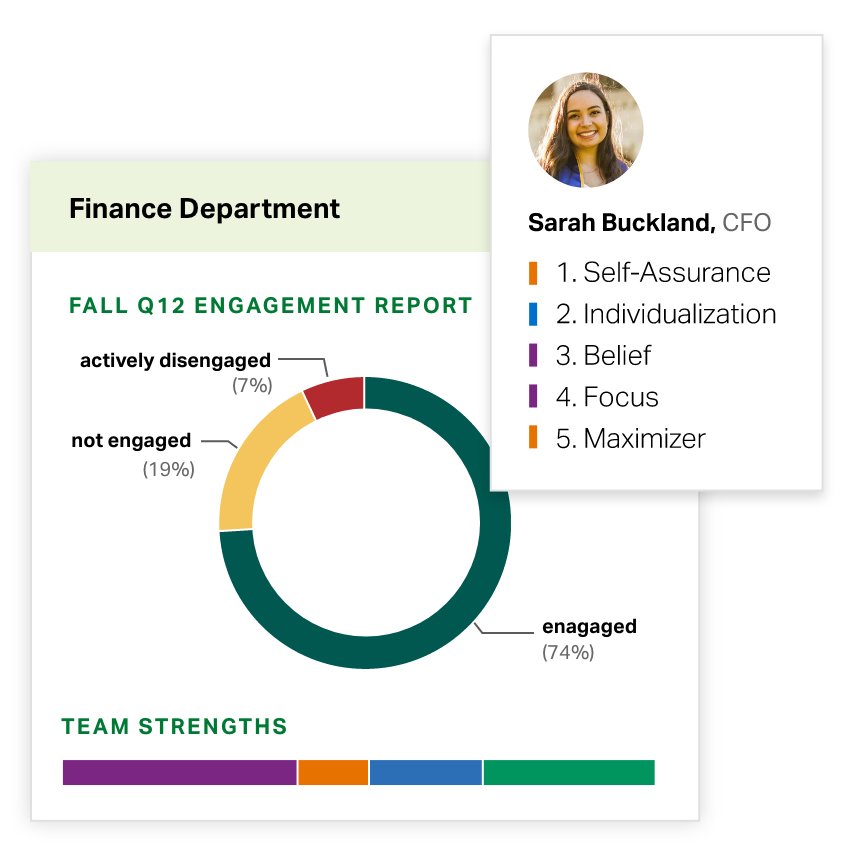 A CFO’s Top 5 CliftonStrengths alongside a circle chart of her team’s engagement levels and bar chart of her team’s strengths, displaying the utility of Gallup Access.