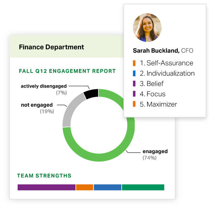 A CFO’s Top 5 strengths alongside charts of her team’s engagement and strengths.
