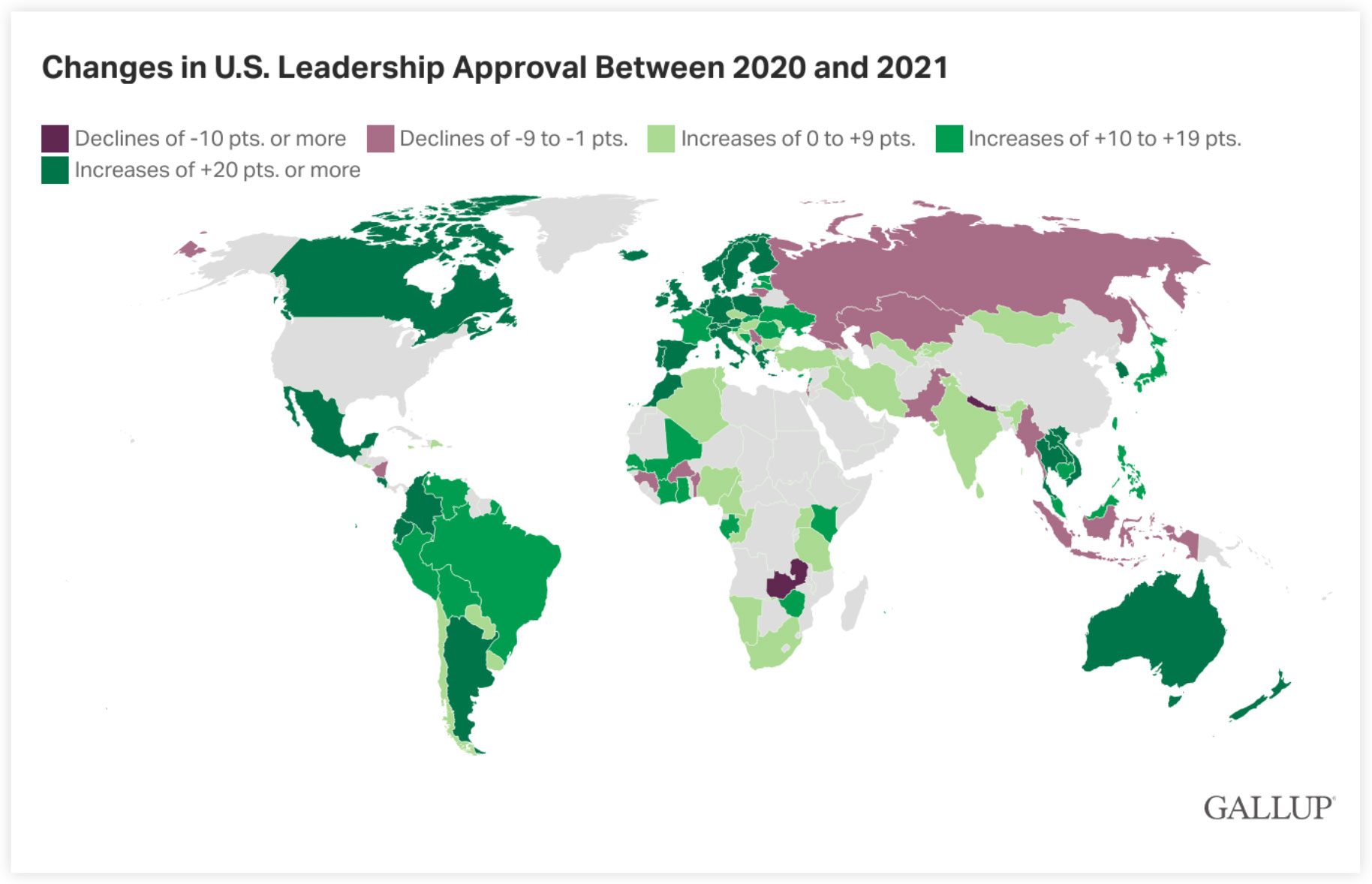 Map showing countries and their losing or gaining of public favor compares to the previous year.