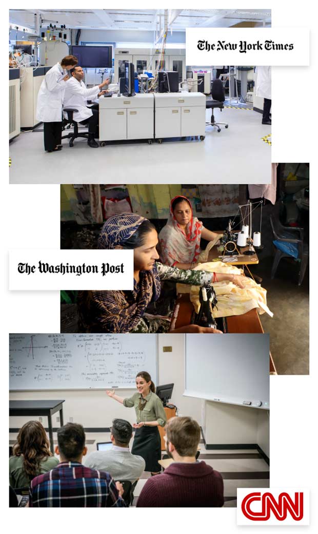 Descriptive image collage showing healthcare, education and cultural images along with logos of The New York Times, Washington Post and CNN.