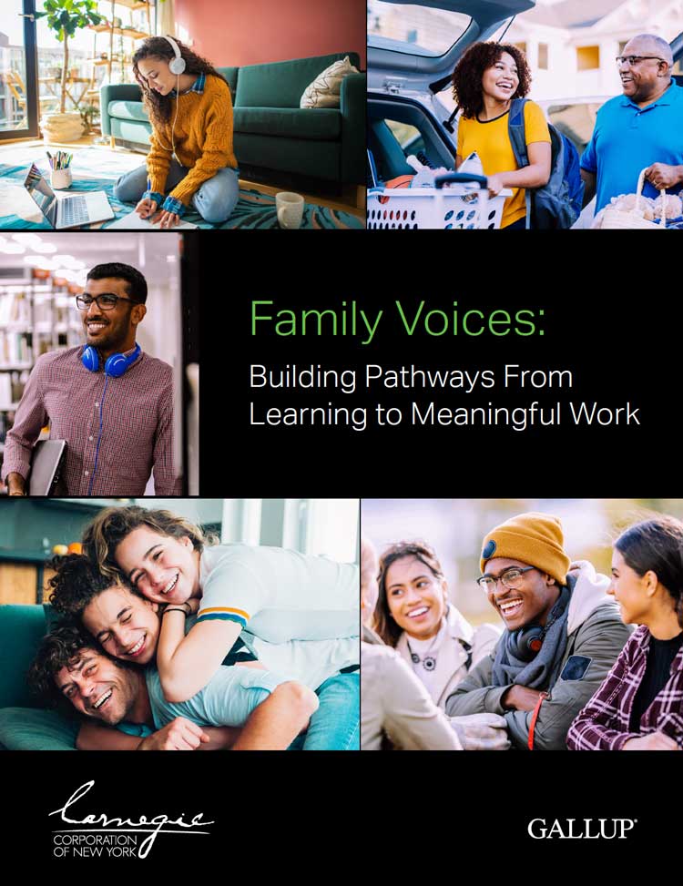 Report front cover of Gallup and Carnegie Corporation of New York's Family Voices report, featuring young people interacting with their families and technology.