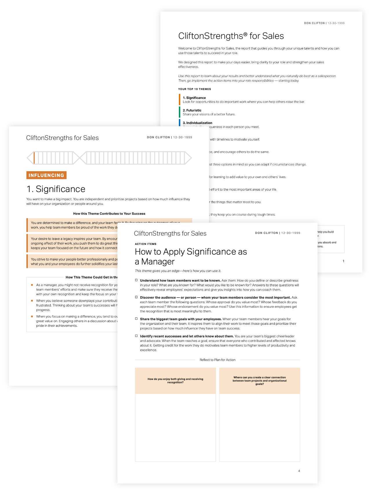 image of three pages from CliftonStrengths Sales report