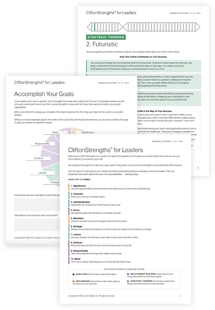 image of three pages from CliftonStrengths for Leaders report