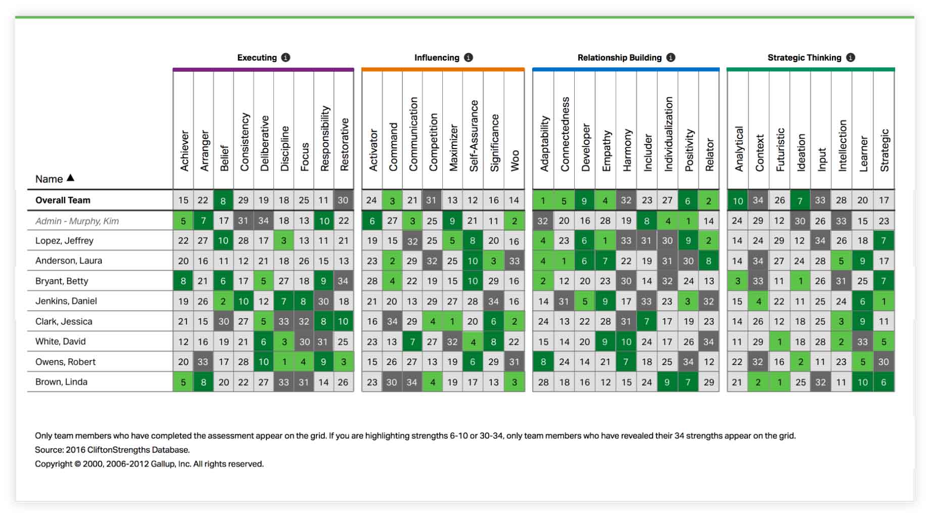 A CliftonStrengths team grid illustrates each individual member’s 34 strengths organized by domain. Each member is listed for easy team strengths comparison.