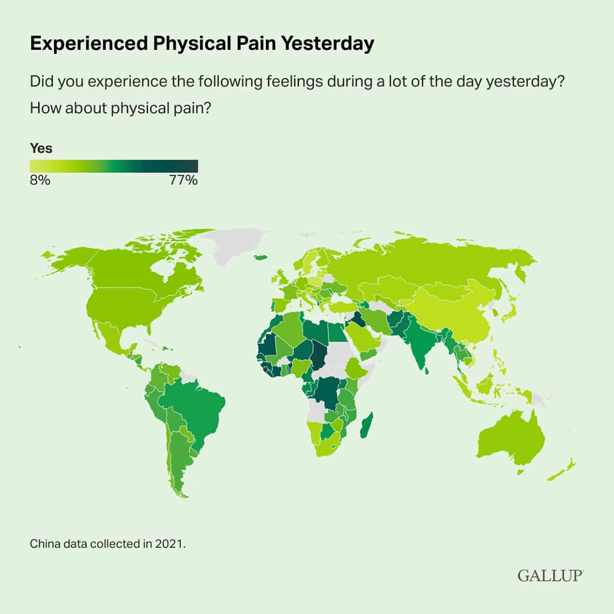 Map: Nearly one-third of respondents experienced physical pain during the previous day in 2022.