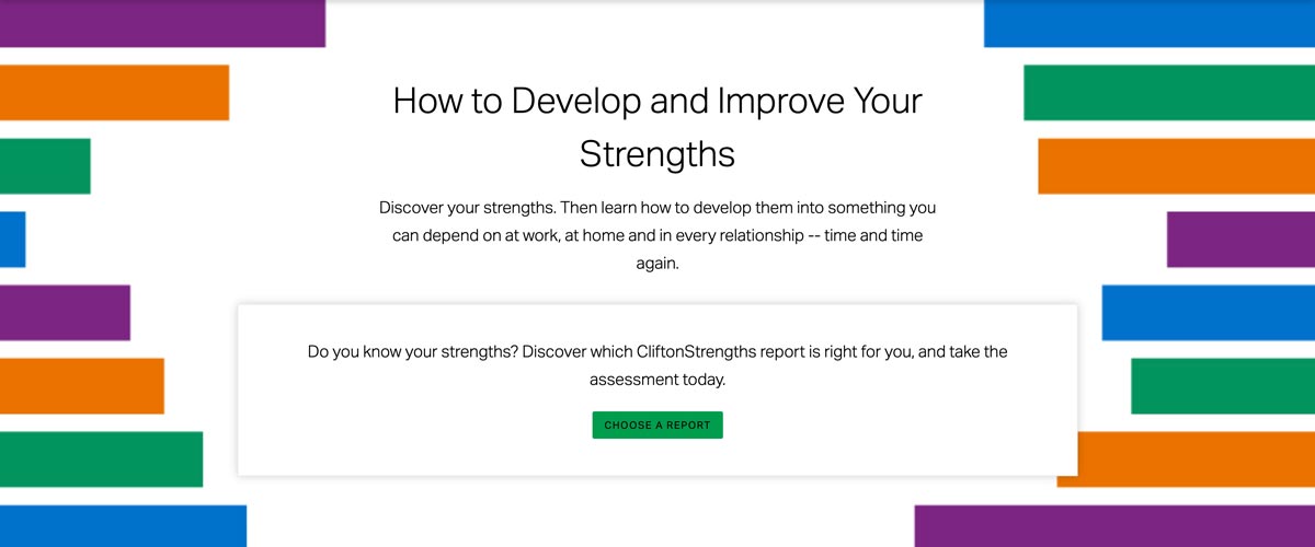 Screenshot of Gallup's CliftonStrengths 'How to Develop and Improve Your Strengths' page.