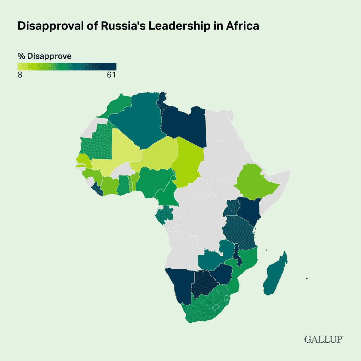 Map: Disapproval of Russian leadership among African nations.