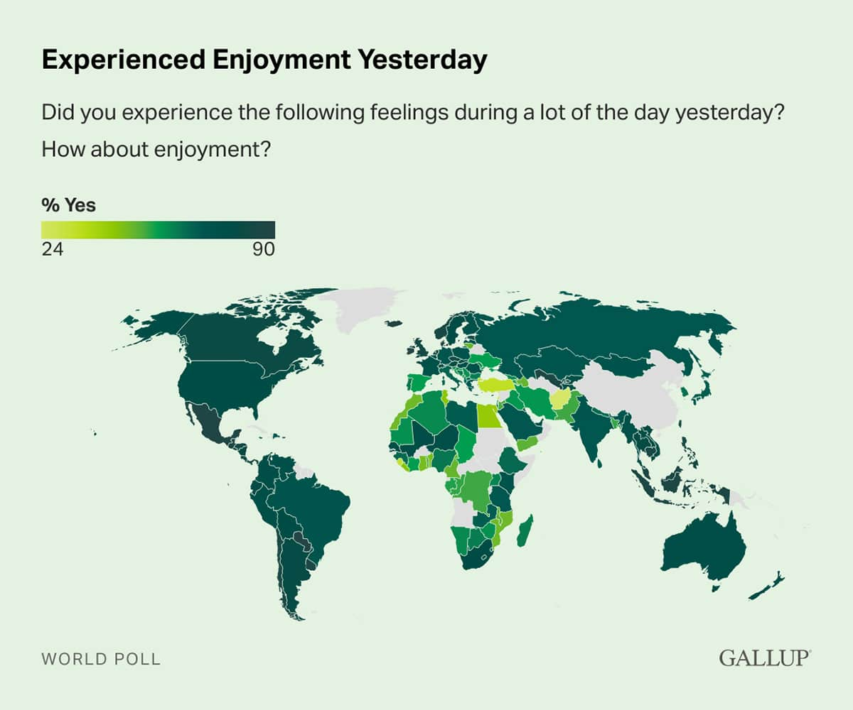 Map: Global experience of enjoyment in the previous day in 2022.