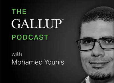 The Gallup Podcast with Mohamed Younis, featuring a grayscale headshot of Mohamed Younis.