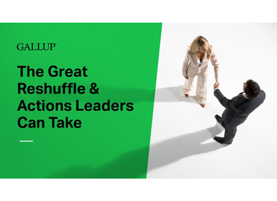 Black text on a green background reads 'The Great Reshuffle & Actions Leaders Can Take' next to an image of a man and woman shaking hands.