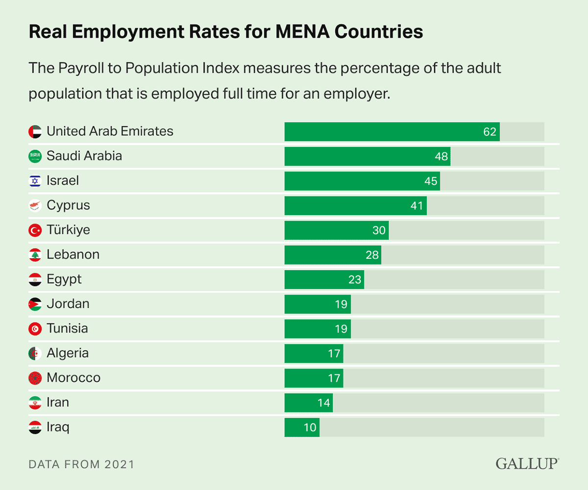 Bar Chart: Rates of real employment in 13 MENA countries in 2021.