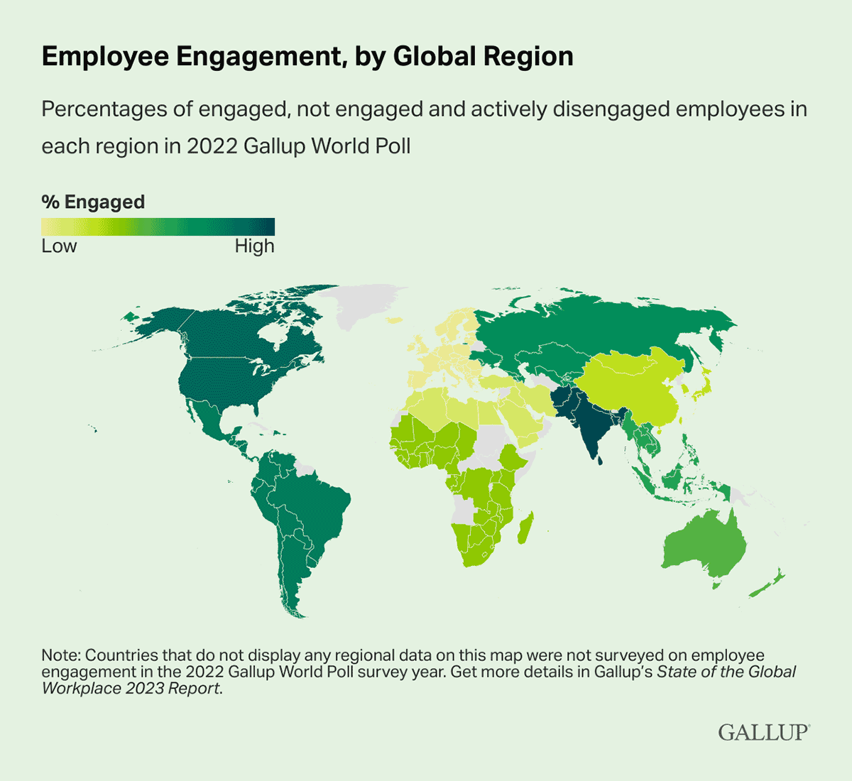 Map: Employee engagement by global region in 2022.