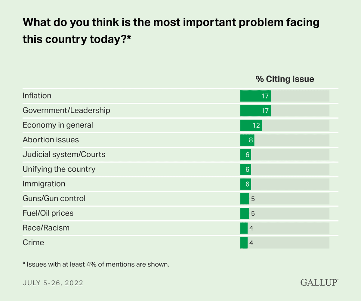 Bar Chart: A bar chart ranking the top 11 most important issues facing the United States today, from July 2022.