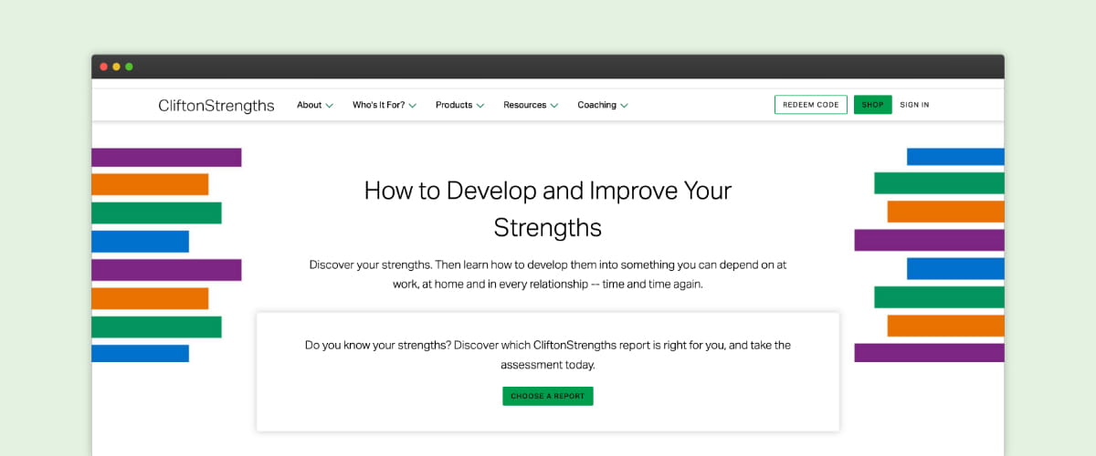 Screenshot of Gallup's CliftonStrengths 'How to Develop and Improve Your Strengths' page.