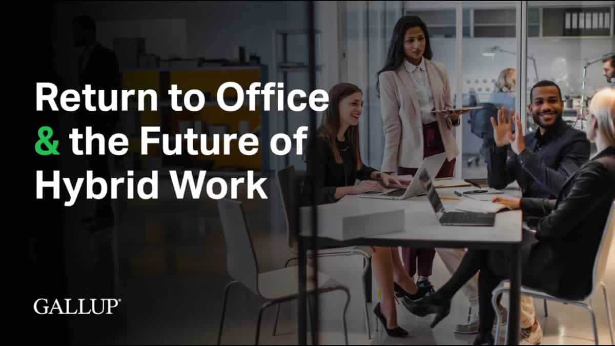 White text over an image of coworkers talking at a table in an office reads 'Return to Office & the Future of Hybrid Work'