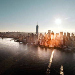 City on a coast, seen from a distance