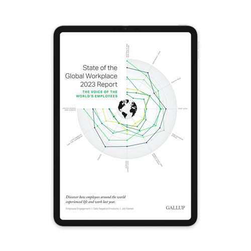 Cover of the State of the Global Workplace: 2023 Report displayed on a tablet computer.