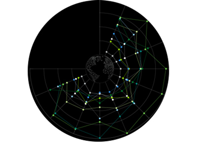 A white and green network superimposed on a globe over a black background.