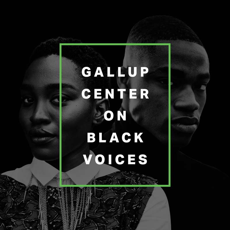 A grayscale image of a Black man and woman with the words 'Gallup Center on Black Voices'