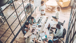 Group of employees work together on laptop computers around a table