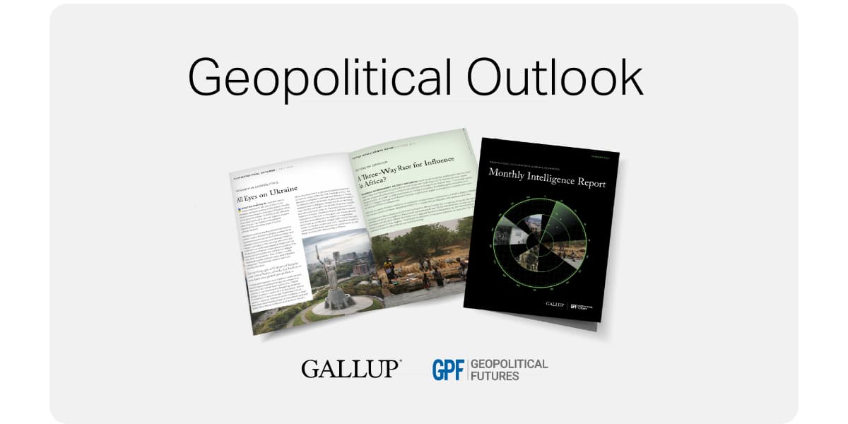 Black text reading 'Geopolitical Outlook' with image of an example magazine issue and Gallup and Geopolitical Futures logos on a light green background.