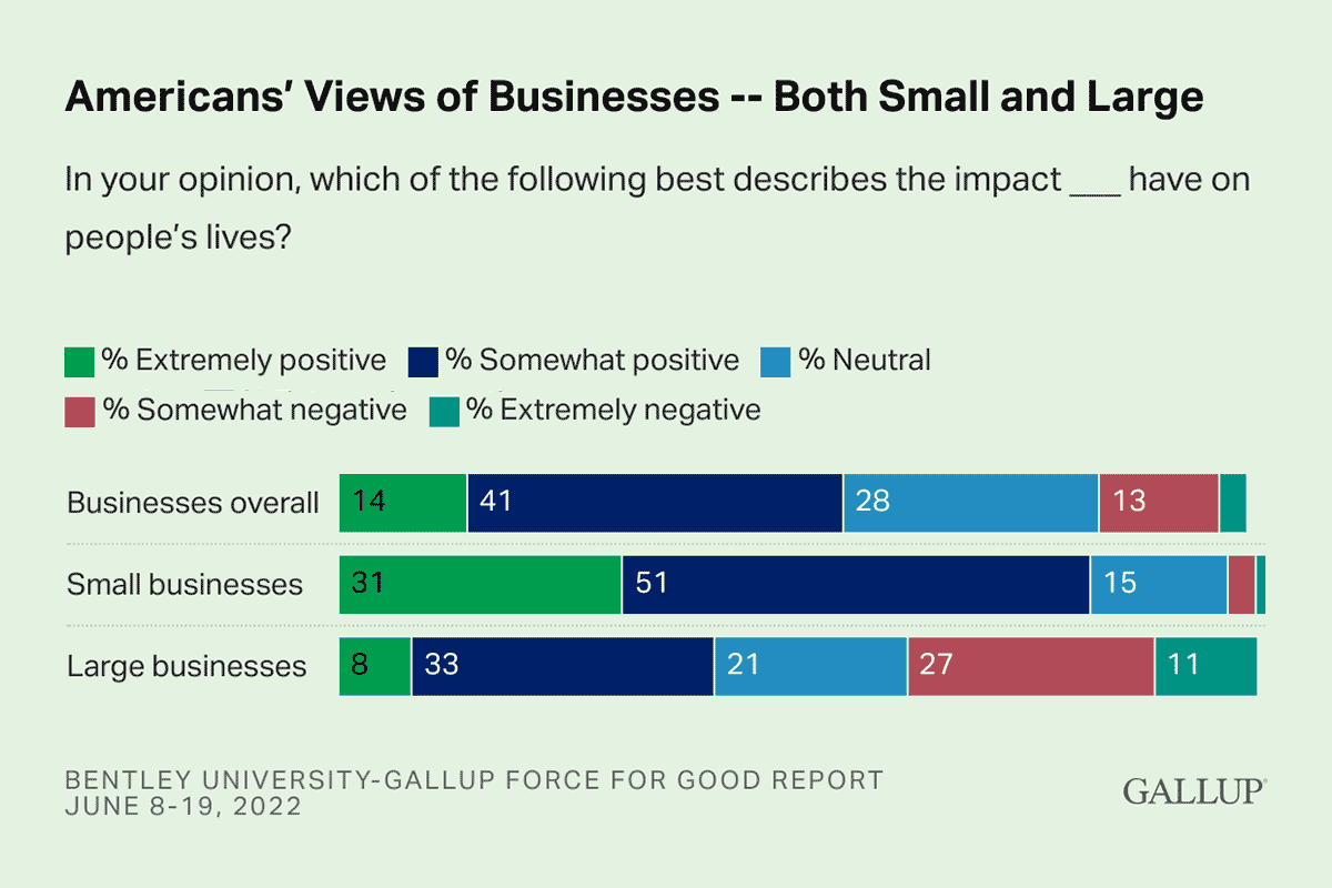 Bar Chart: Impact of small and large businesses, and business overall, on American society.