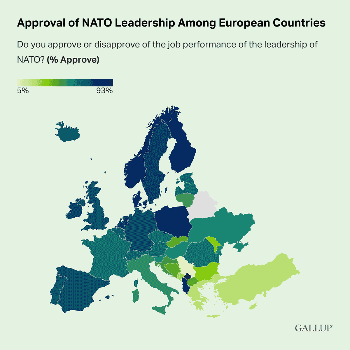 Map: Approval rating of NATO leadership among European nations in 2022.