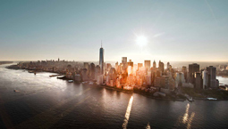 Sunny cityscape by the ocean