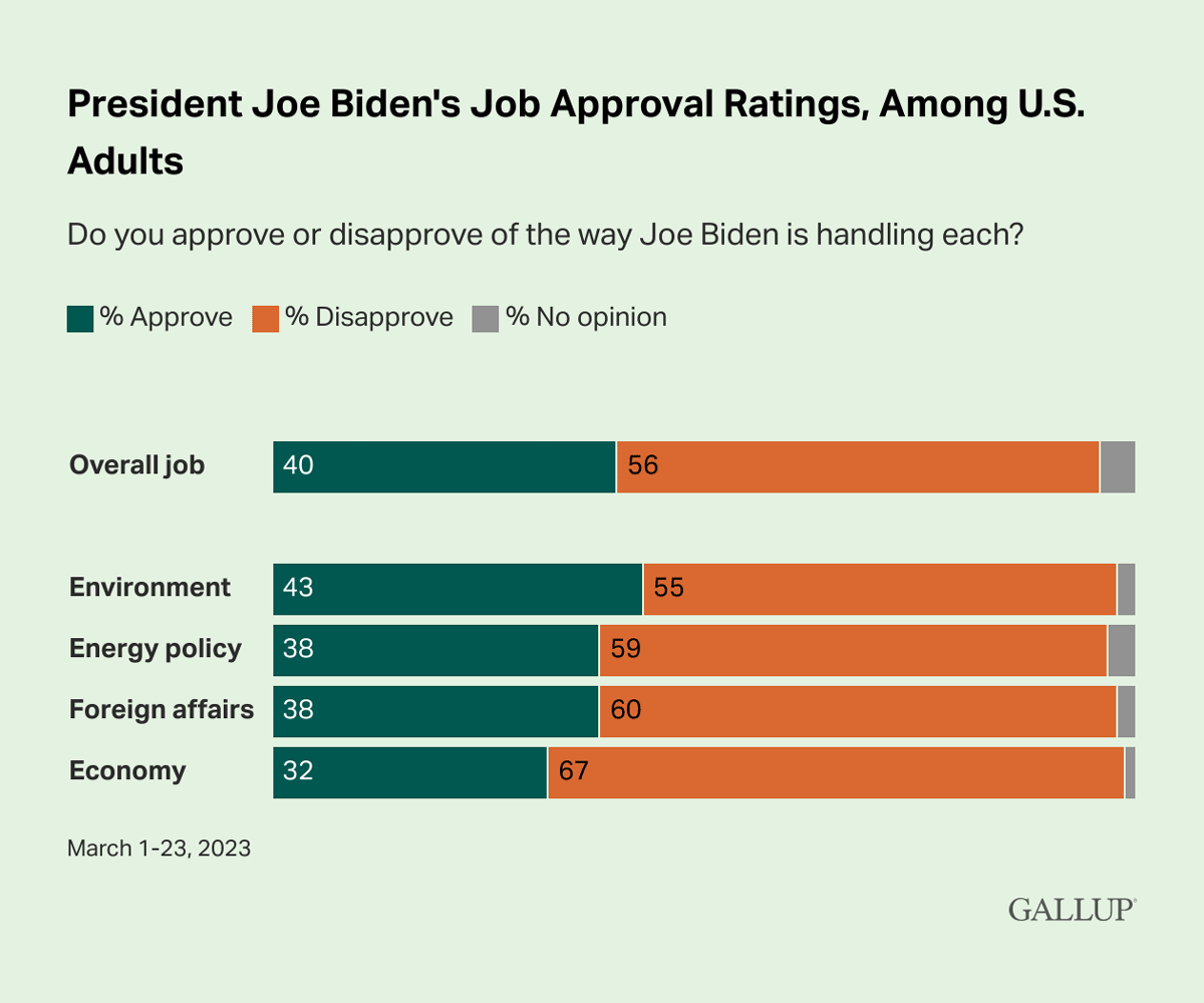 Bar Chart: Joe Biden's job approval ratings, overall and in key policy areas, in 2023.