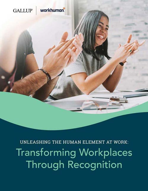 The cover of 'Transforming Workplaces Through Recognition' from Gallup