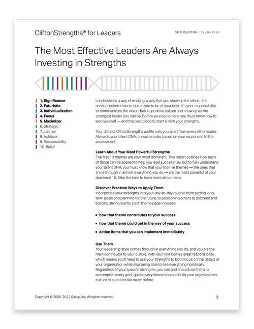 The cover of New CliftonStrengths for Leaders Report