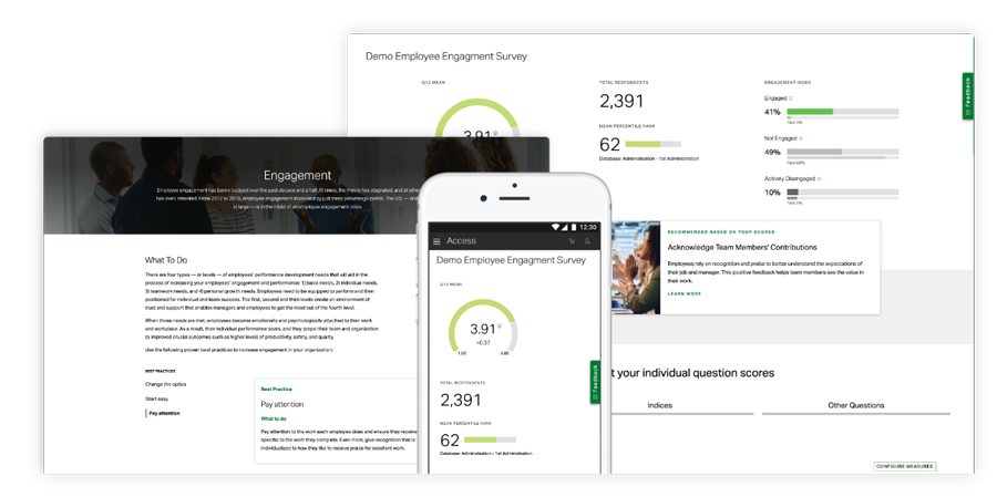 Group of screenshots including Q12 employee engagement on cell phone, employee engagement survey reports and learning modules