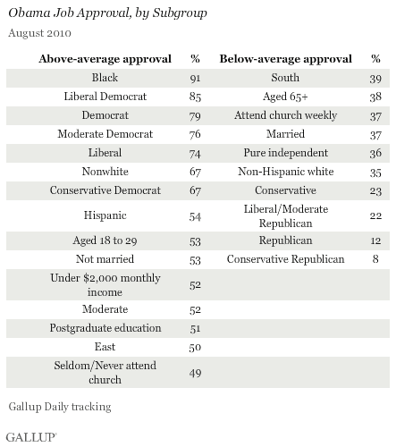 Obama Job Approval, by Subgroup, August 2010