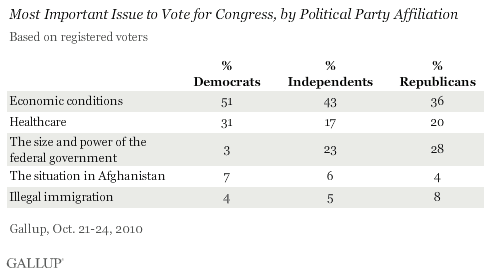 Most Important Issue to Vote for Congress, Among Registered Voters, October 2010
